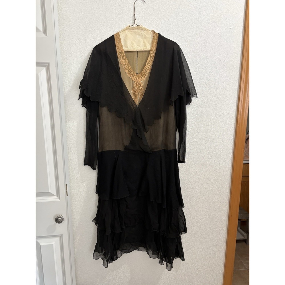Black Ivory Lace Silk Mesh Sheer Beaded Late 1920s Flapper Dress Antique FLAWS